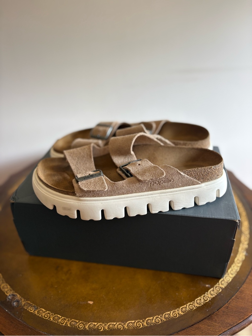 Papillio Tan Suede Two-Strap Platform Sandals